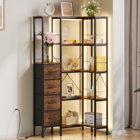 Corner Bookshelf Unit with 4 Fabric Drawers & LED Light, 5-Tier, Rustic