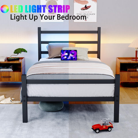 BORPHOM 3ft Single Bed Frame with Headboard & LED Lights,Heavy Duty Metal Platform Bed Frame with Charging Station,Mattress Base/Strong Steel Slats
