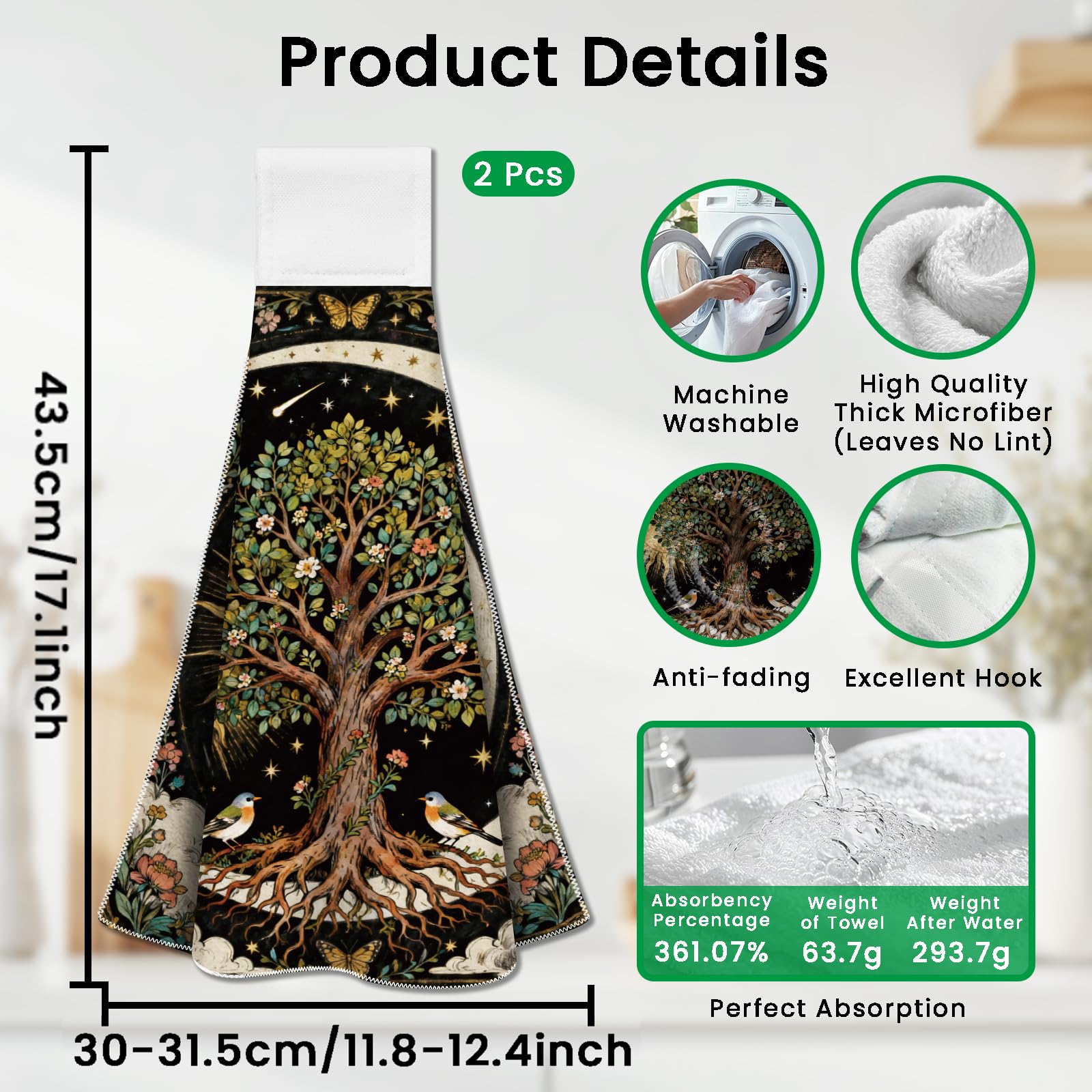 CUTHOLLOW 2 Pcs Moon and Tree of Life Hanging Kitchen Towels with Loop