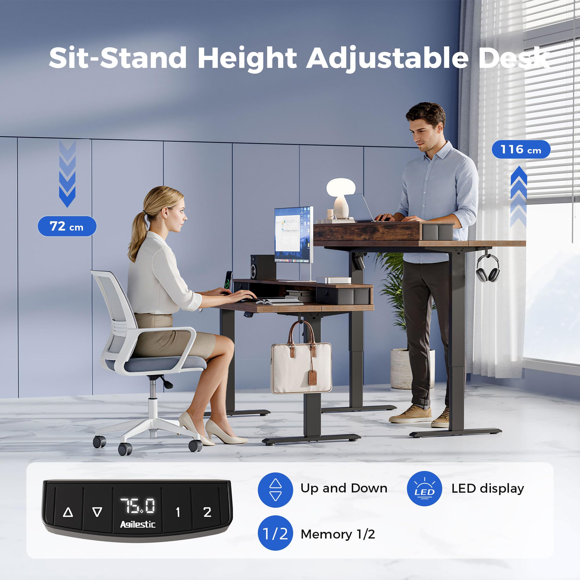 Agilestic Electric Adjustable Height Desk, with 2 Fabric Drawers, 100x60cm