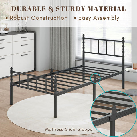 Hunlostten Single Metal Bed Frame - Modern Style Bed Frame with Headboard and Footboard Easy to Install, Noise Free, Sturdy, Black, 35.5 cm High