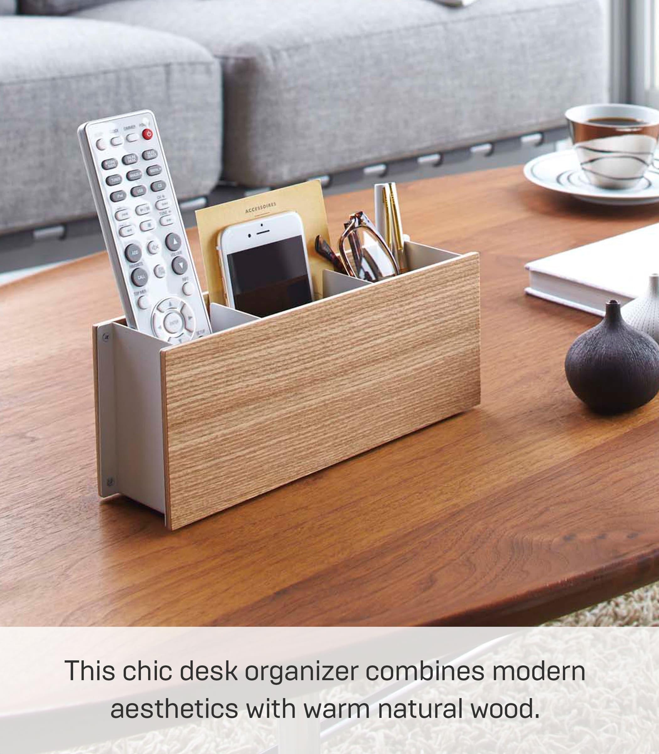 YAMAZAKI 2732 RIN Pen Stand & Remote Control Rack, white, Wood/Steel, Minimalist, 25 x 7 x 10.2 cm