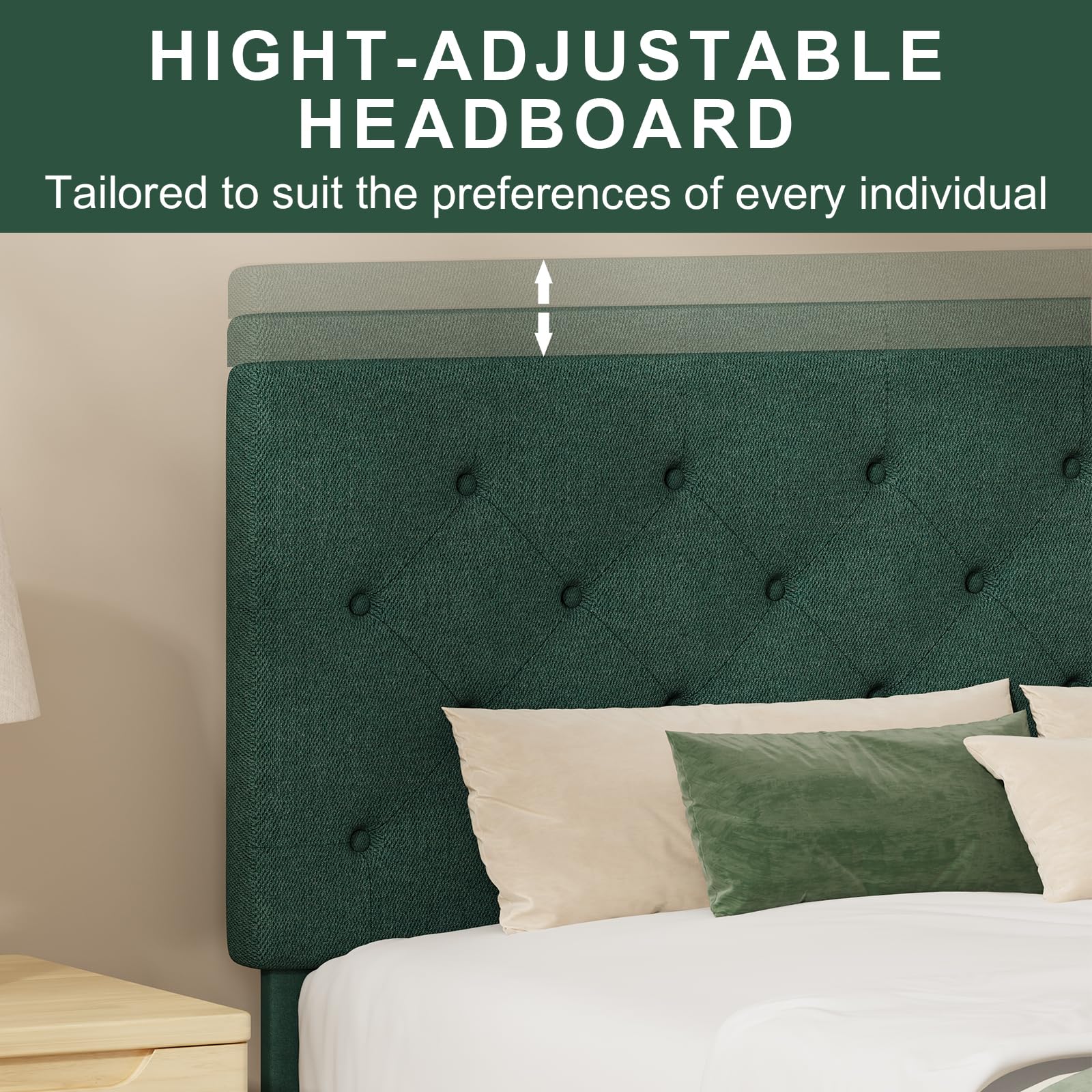 HOMBCK Single Bed Frame, 90 x 190 cm, with Adjustable Upholstered Headboard, Heavy Duty 256kg Weight Capacity, Easy Assembly, No Box Spring Needed