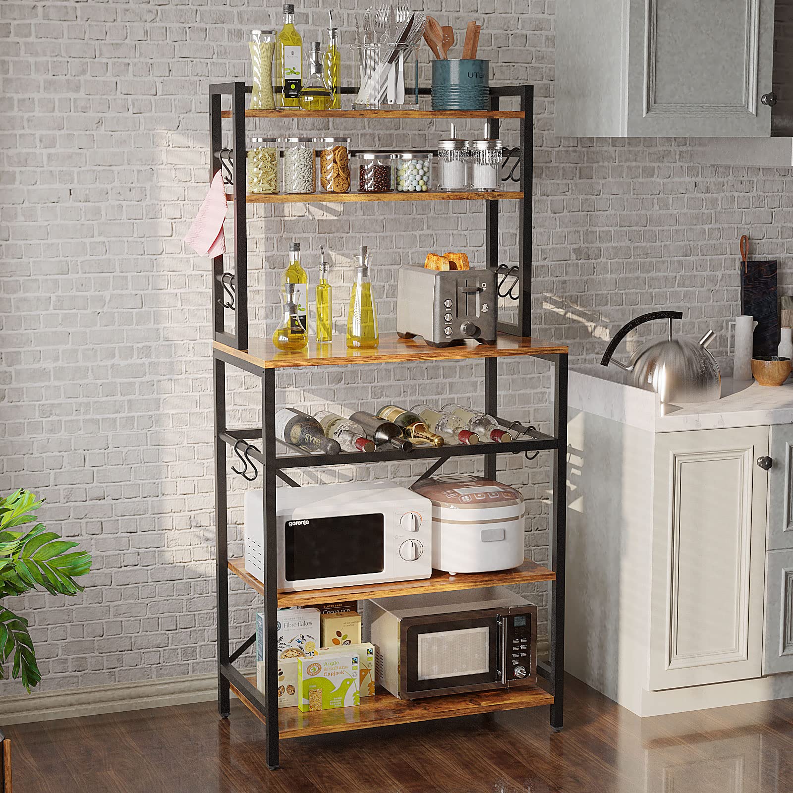 YMYNY Kitchen Baker's Rack, Microwave Oven Stand with Storage Shelves, Industrial Coffee Bar Station, with Adjustable Wine Holders and 12 S-Hooks