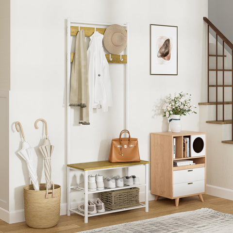 HEYZOEY Coat Stand, Coat Rack with Shoe Storage, 3-in-1 Freestanding Wooden Coat Rack with Shoe Bench and ShoeRack