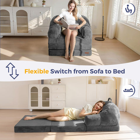 MAXYOYO Folding Sofa Bed with Backrest, Boneless Fold Out Couch Bed with Handle, 2 in 1 Convertible Bean Bag Chair to Floor Sofa Lounger