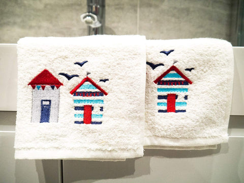 Lex's Linens Beach Hut & Birds Embroidered Towels (Pack of 2 Flannels)