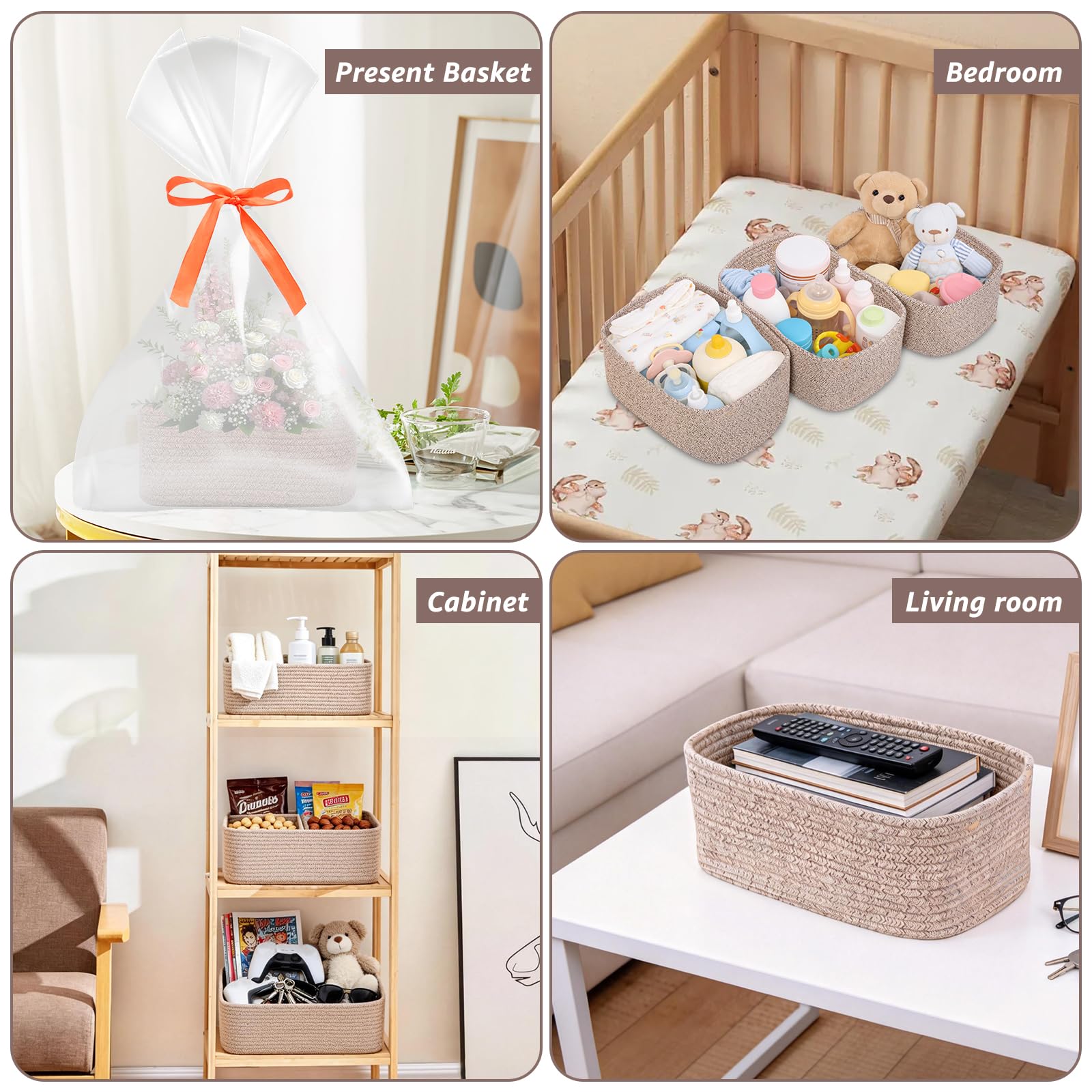 Set of 3 Storage Baskets for Shelves & Nursery, Cotton Rope Woven Basket with Hidden Handle, Empty Baby Gift Baskets