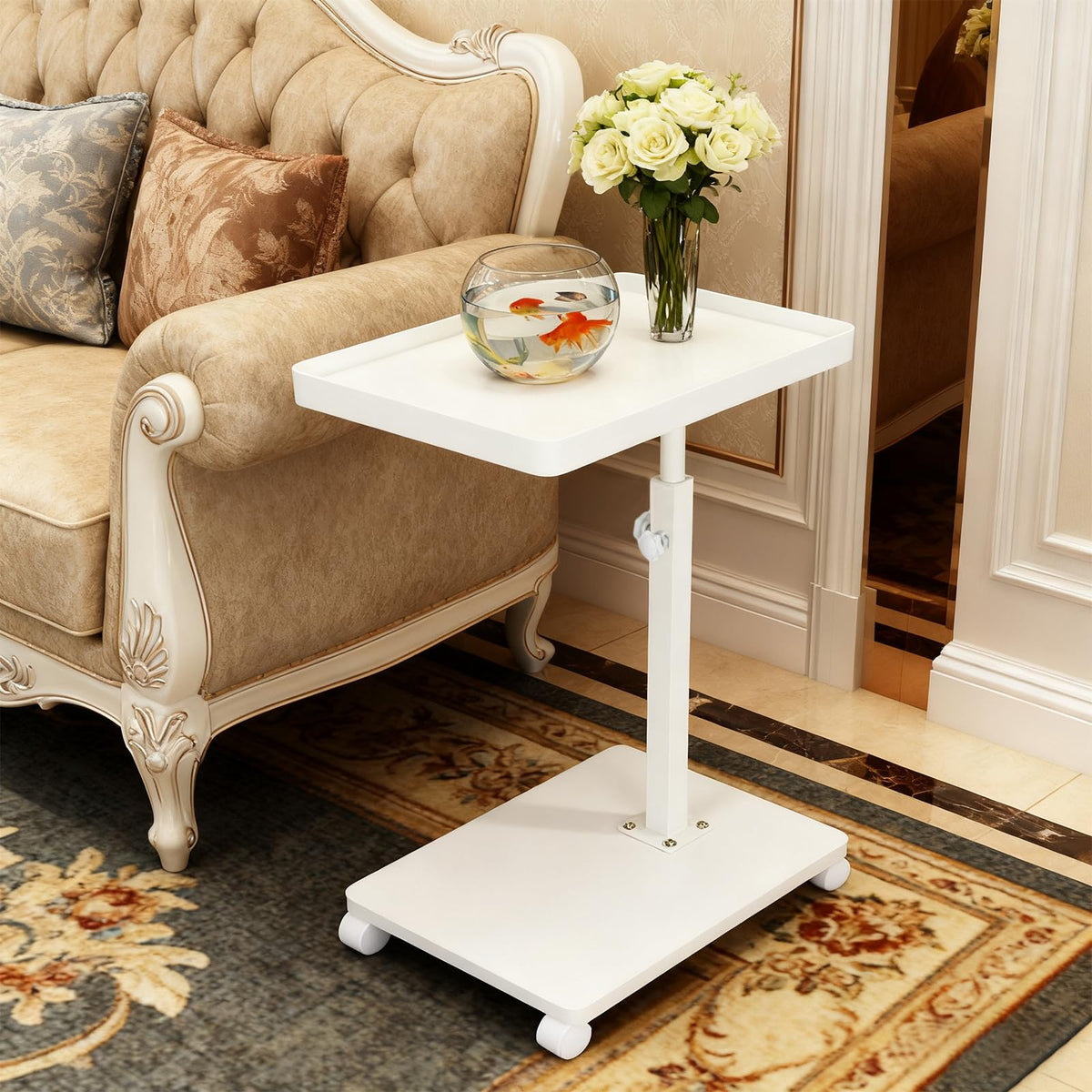 XUDREZ Adjustable Side Table, C Shaped Small Table with 4 Wheels 364° Swivel Tray, End Table for Living Room Bedroom Sofa Small Spaces (White