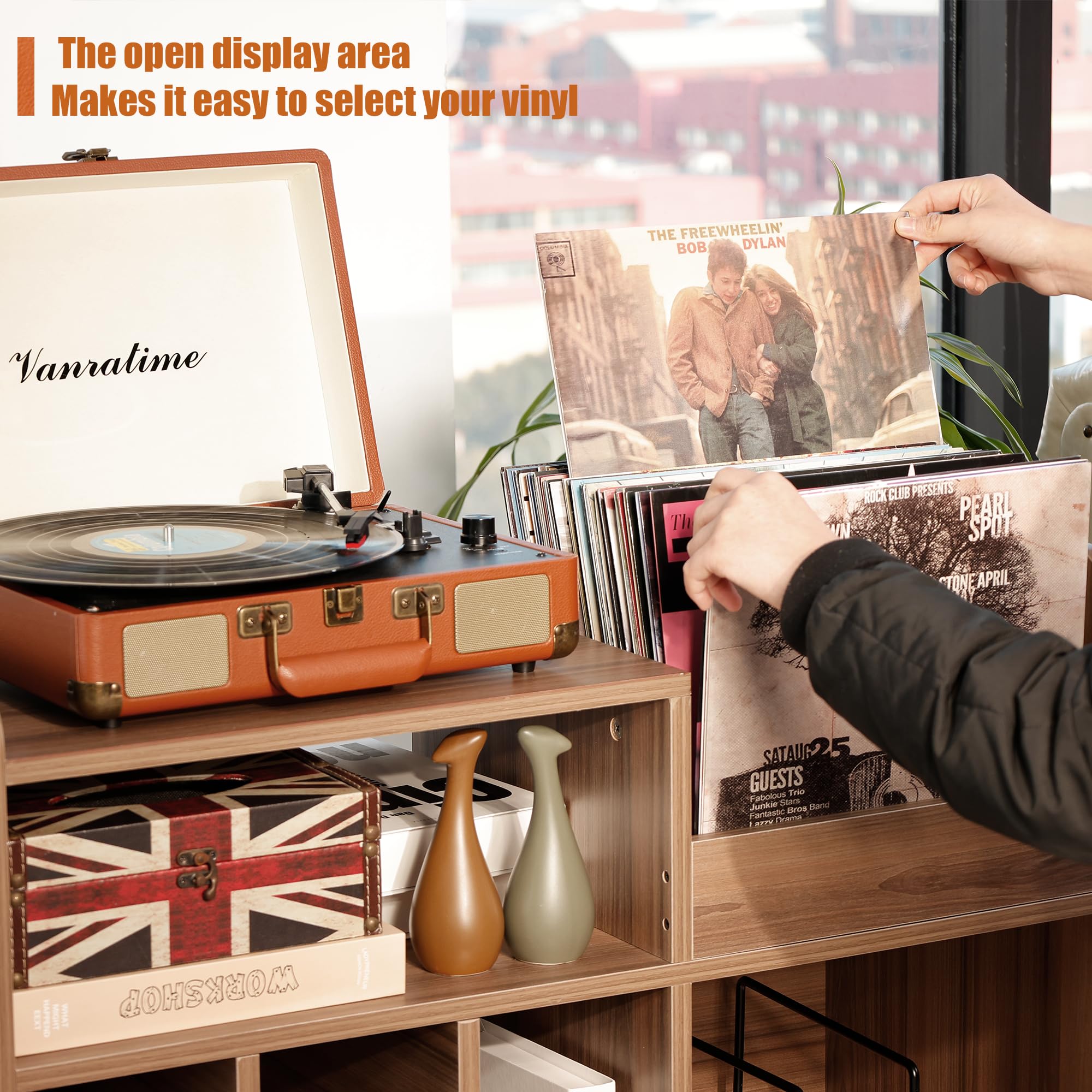 UODERS Record Player Stand, Large Record Player Table Cabinet with Open Vinyl Storage and Display Shelf Holds up to 350 Albums