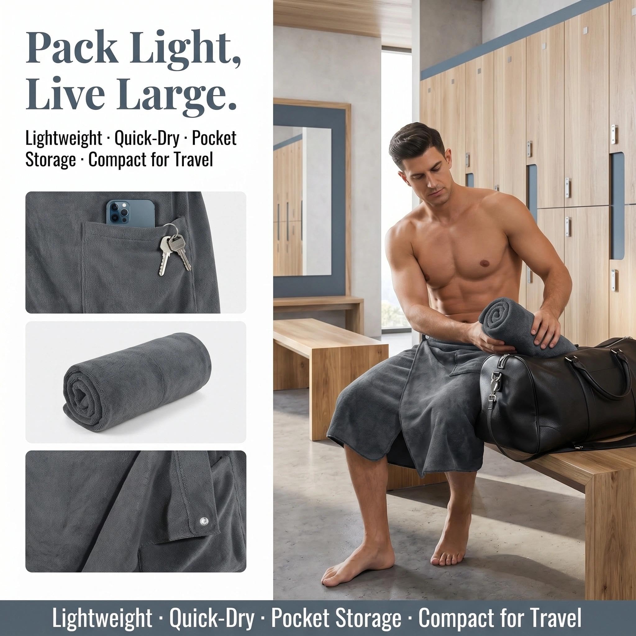 HUANYO Men's Bath Towel Wrap with Pocket – Adjustable, Super Absorbent Towel Skirt for Home, Gym, Spa, Beach & Pool (Grey)