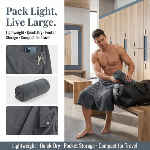 HUANYO Men's Bath Towel Wrap with Pocket – Adjustable, Super Absorbent Towel Skirt for Home, Gym, Spa, Beach & Pool (Grey)