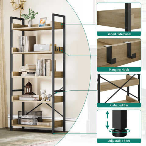 YITAHOME Bookcase 5-Tier, Tall Narrow Bookcase Thin Book Shelf Wooden Shelves Wooden Shelf With Stable Steel Frame