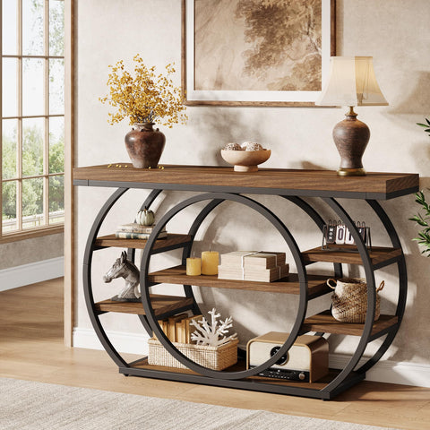 Tribesigns Circle Base Console Table | Narrow Entryway Table 120x30x80cm | 4-Tier Storage Shelf | Industrial Farmhouse Hallway Sofa Table,Rustic