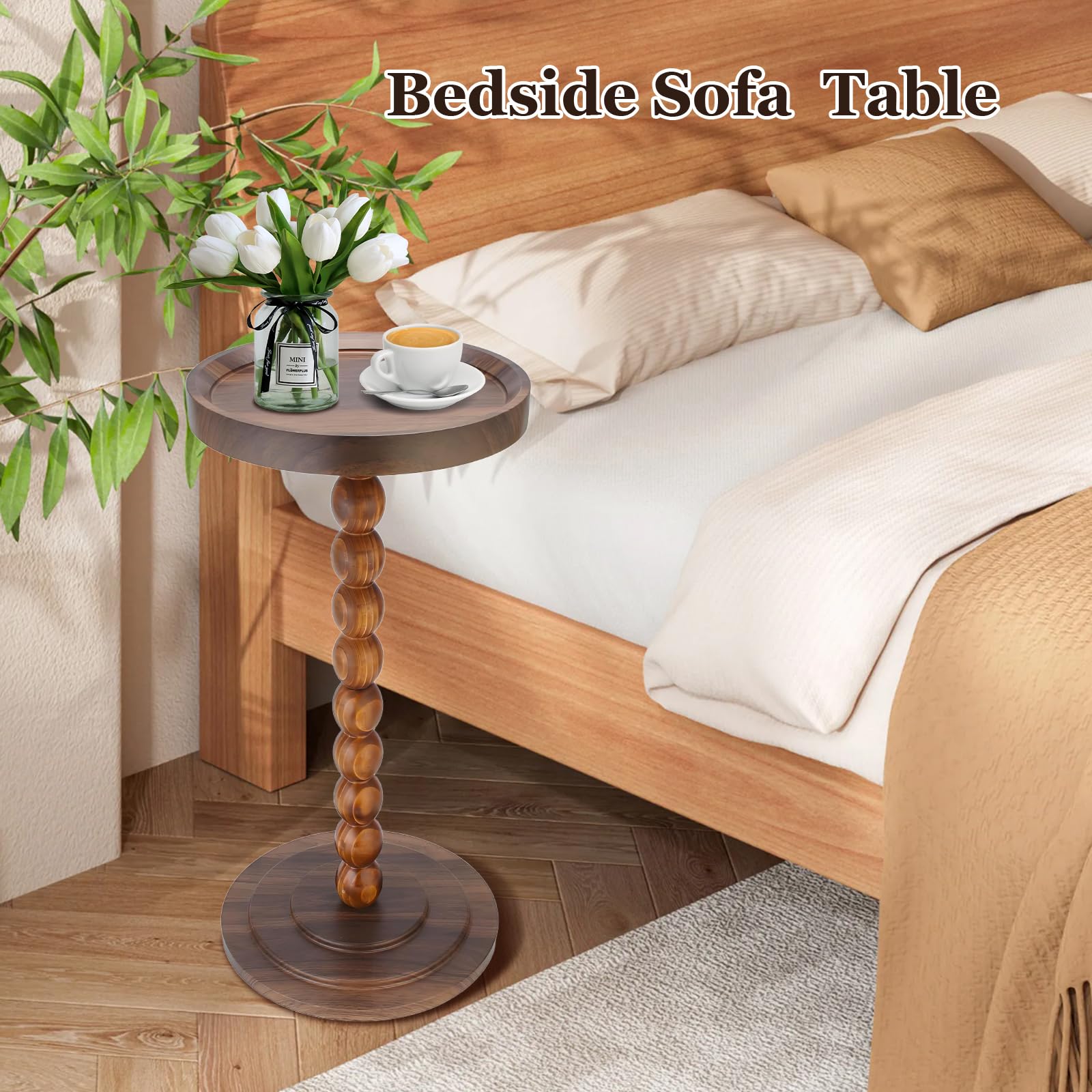 YYW Round Side Table, C Table End Tables for Sofa, Small Bedside Table (Walnut)