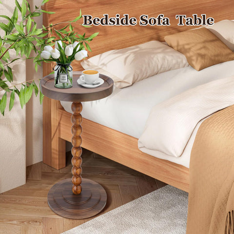 YYW Round Side Table, C Table End Tables for Sofa, Small Bedside Table (Walnut)