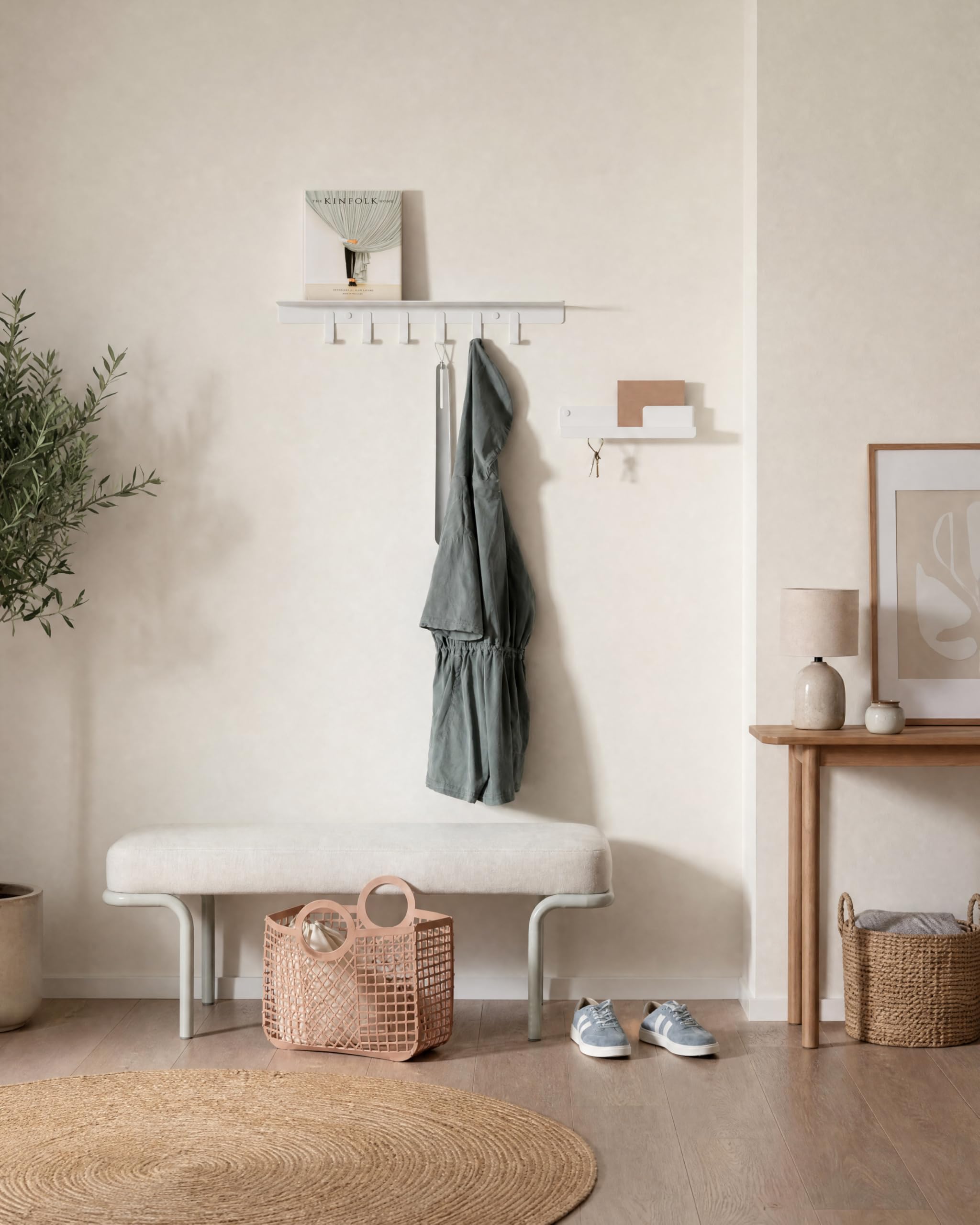 Kazai. Wall Mounted Coat Rack with Shelf 'Holmsen' | Modern Coat Hooks Wall Mounted | Hanger with Storage Shelf | Metal Hook Rack for Hallway | White