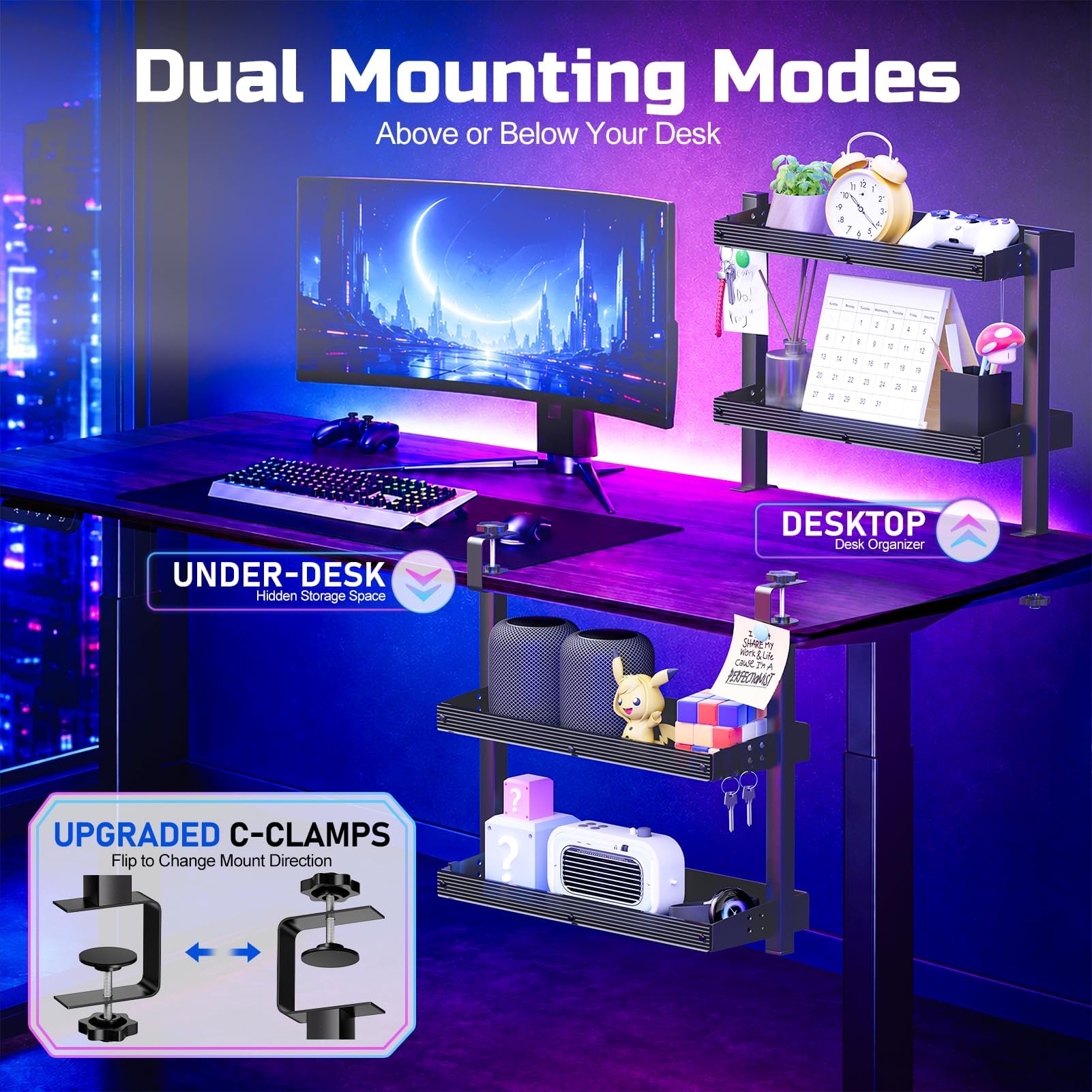 OUKMIC 2-Tier Clamp-On Desk Shelf, 17 inch Metal Desktop Organizer