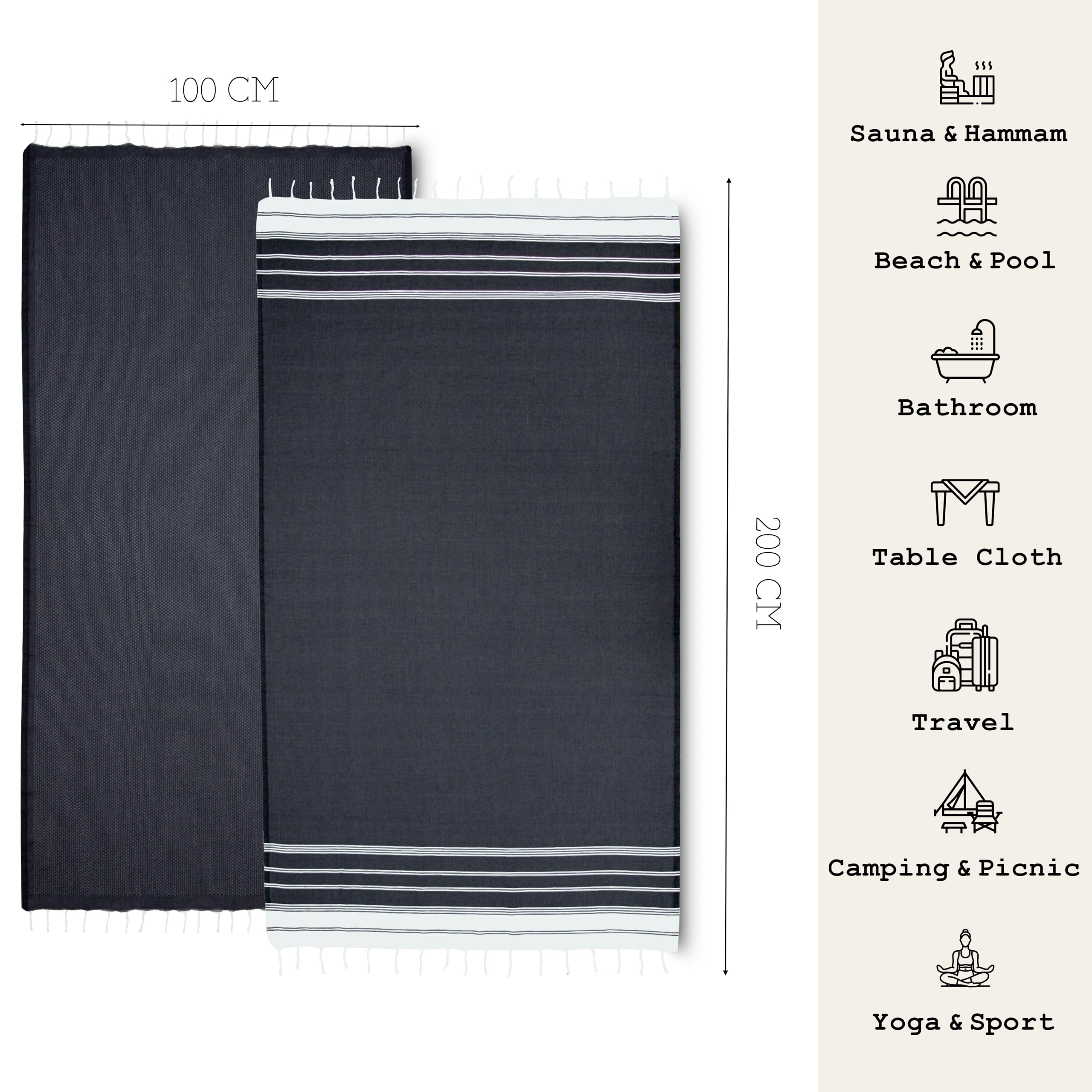 NOUR Premium 100% Cotton Turkish beach towel, Pack of 2, 100 x 200 cm, Picnic Blanket, Sauna & Hammam Towels, Extra Light, Absorbent, Quick-Drying