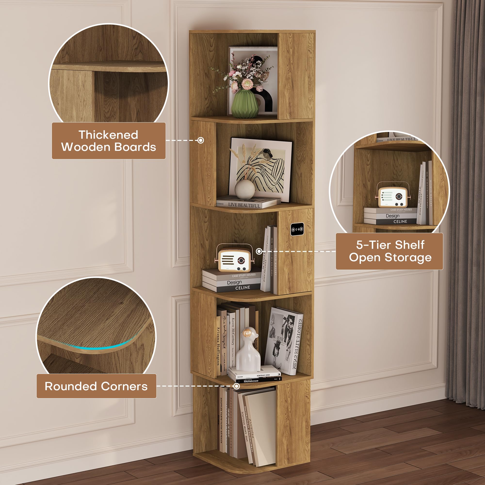64.8 " Corner Wood Bookcase with Body Sensor LED for Home Office,Natural