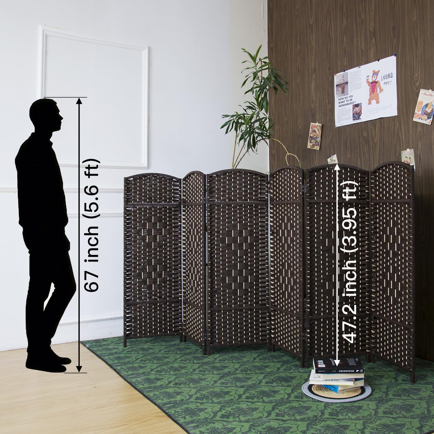 Furnnylane 6 Panel Dark Brown Rattan Divider Short Room Partition Screen,Double Sided Short Folding Divider for Room Separation,120 cm Tall