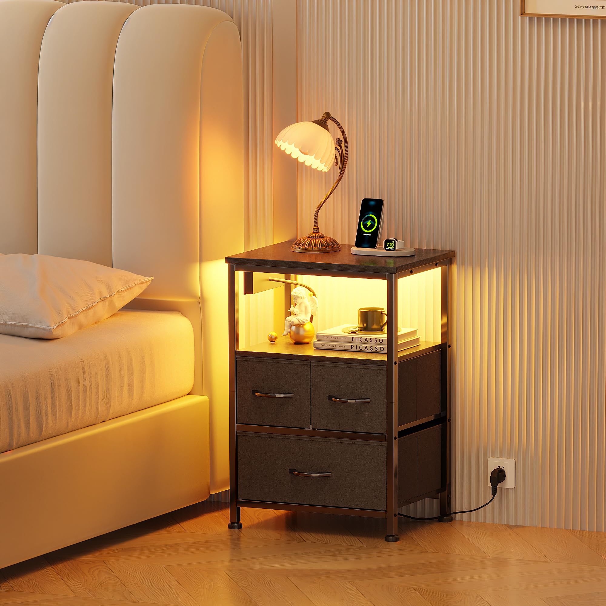 Flrrtenv Bedside Table with Charging Station, 3 Drawers Bedside Cabinet for Bedroom, LED Nightstand with Storage Shelf