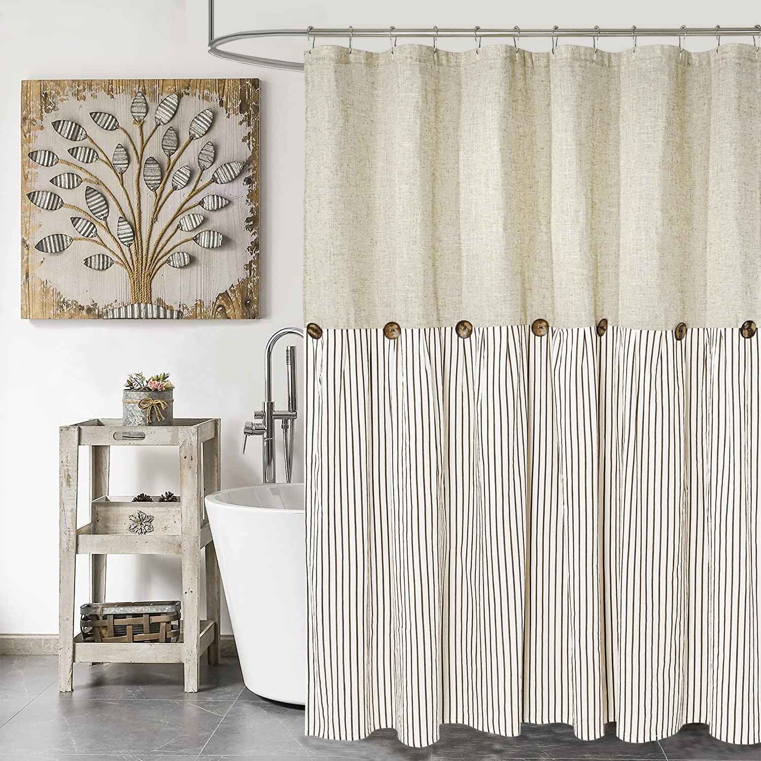DOSLY IDÉES Farmhouse Shower Curtain,Beige and Brown Stripe,Button Curtain,Linen and Cotton Woven Fabric,Rustic Charm Country Chic Style,72x72 in