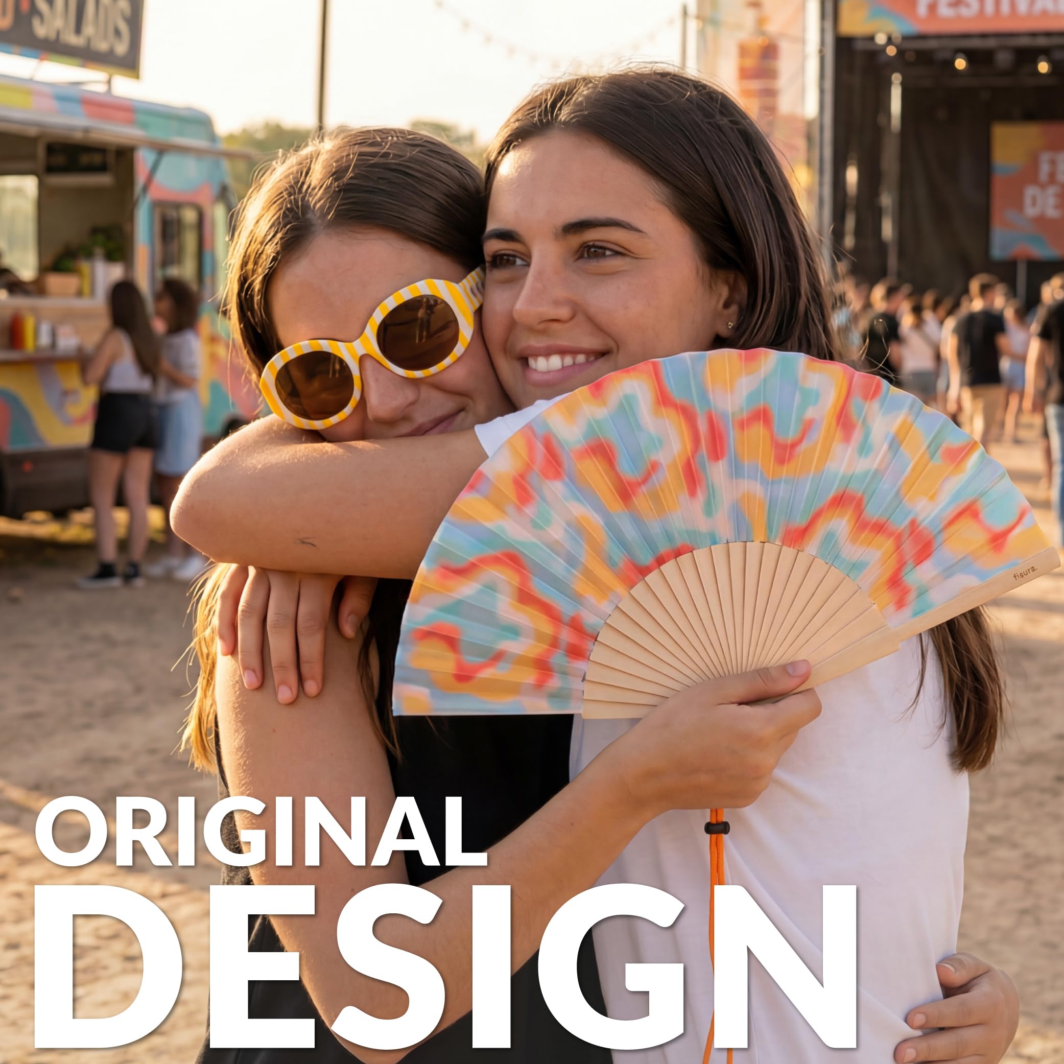 Fisura – Original Psychedelic “Aurora Retro” Print Folding Fan, Modern and Colourful Folding Handheld Fan, Multicolour Design for Wedding, Rave