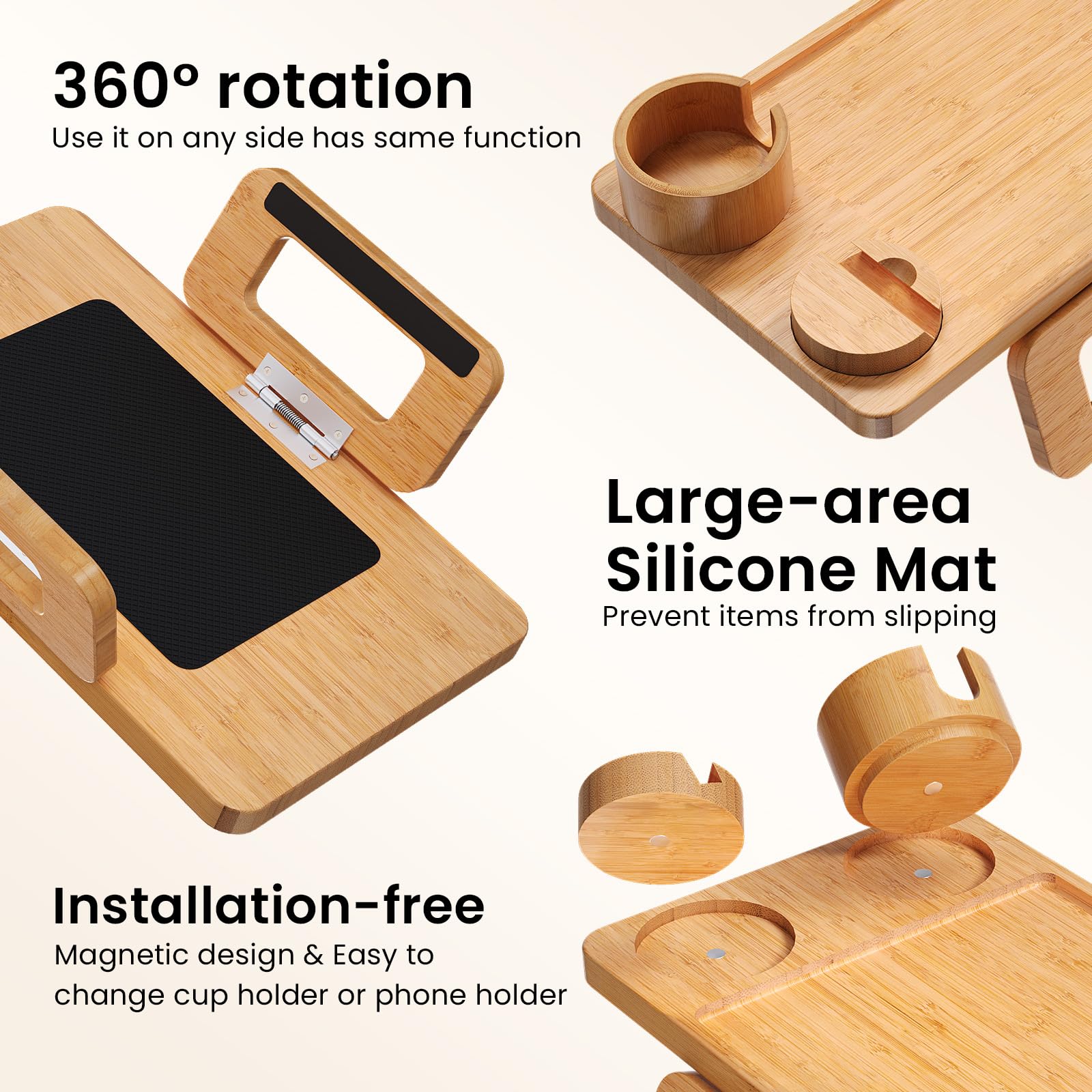 Fibogollo 3 in 1 Sofa Tray,Bamboo Folding Couch Arm Tray with Cup holder and Phone Holder,Sofa Armrest Trays Clip-On Sofas Desk for