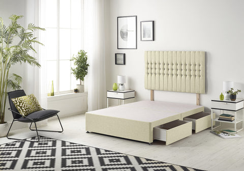 Bed Centre Galaxy Divan Base with 2 Drawers (Same Side) and Matching Headboard, Fabrics and Colours (3FT Single, Linen Beige)