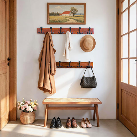 HONSKY Wall Mounted Coat Rack, 91cm Sapele Base,6 Black Sturdy Aluminium Alloy Triple Hooks(18 Hanging Points), Wall Coat Hanger for Entrance Hall