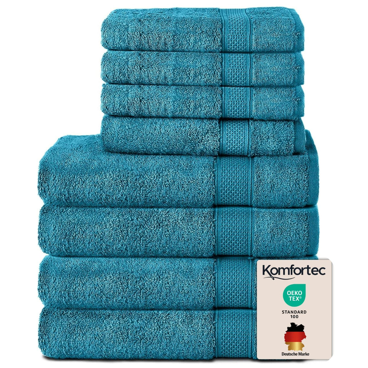 Komfortec Set of 8 100% Cotton Towels 470 g/m², 4 Bath Towels 70 x 140 cm and 4 Hand Towels 50 x 100 cm, Soft Terry Towelling, Large Size, Turquoise