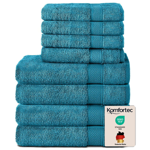 Komfortec Set of 8 100% Cotton Towels 470 g/m², 4 Bath Towels 70 x 140 cm and 4 Hand Towels 50 x 100 cm, Soft Terry Towelling, Large Size, Turquoise