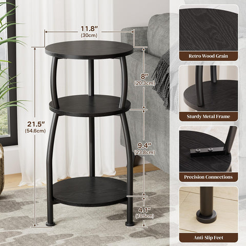 Yuede Round Side Table, 3 Tier Slim Round Coffee Table, Small End Table with Storage Shelf, Bedside Table, for Living Room, Bedroom, Small Space