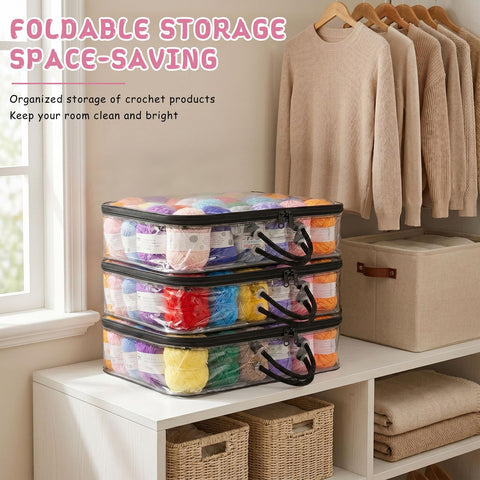 Dexpally 3pcs Yarn Storage Clear Dust-Proof Wool Storage Organiser 40 x 30 x 10cm with Zippers & Handle for Knitting Needles Crochet Hooks Yarn Balls