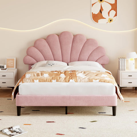 Merax 4ft6 Platform Bed Frame Double Upholstered with Adjustable Chic Petal Headboard, Solid Wood Slat Support, No Box Spring Needed