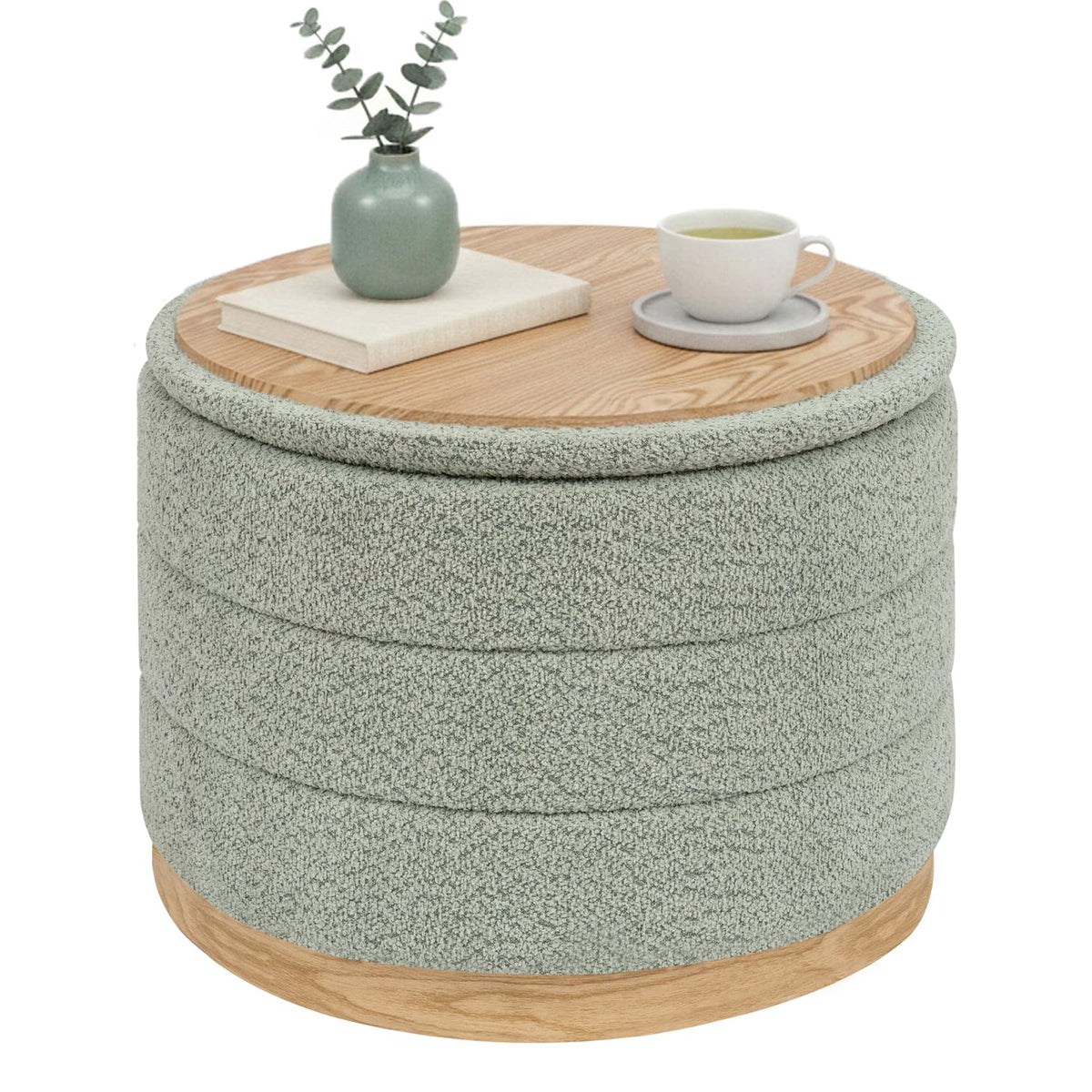 Bonlife Round Chenille Storage Ottoman, Folding Footstool with Table Top, 58x58x44cm, Load Capacity 150kg