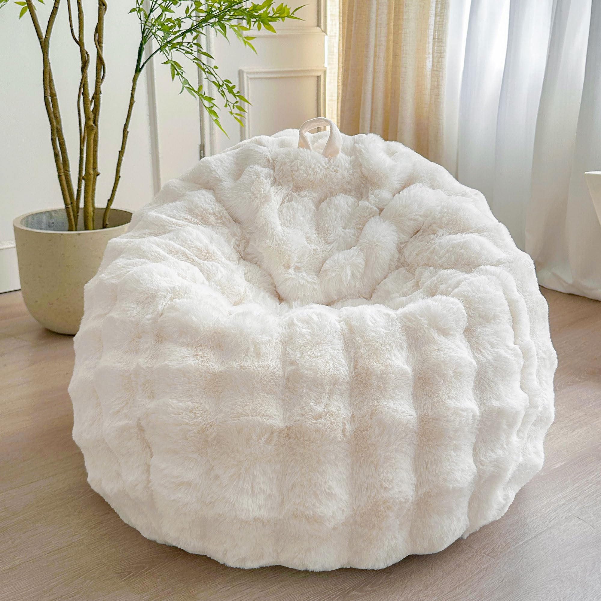 LIFEREVO Kids Fluffy Faux Rabbit Fur Bean Bag Chair Cover, No Filler, Beige