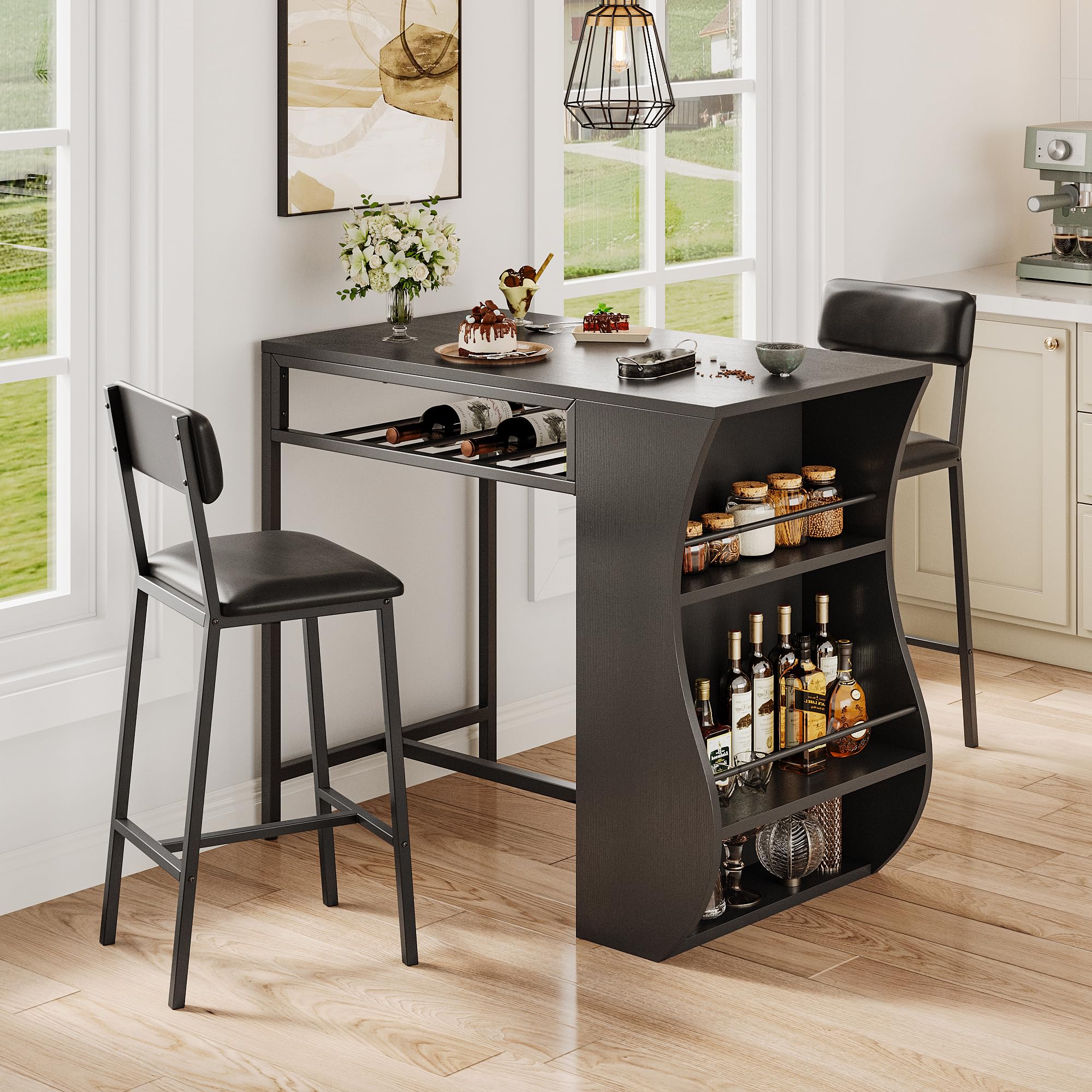 Feonase 3-Piece Bar Table Set, Bar Table with Bar Stools, 2-Tier Storage Shelves & Wine Rack, Bistro Table with 2 Chairs for Dining Room, Black