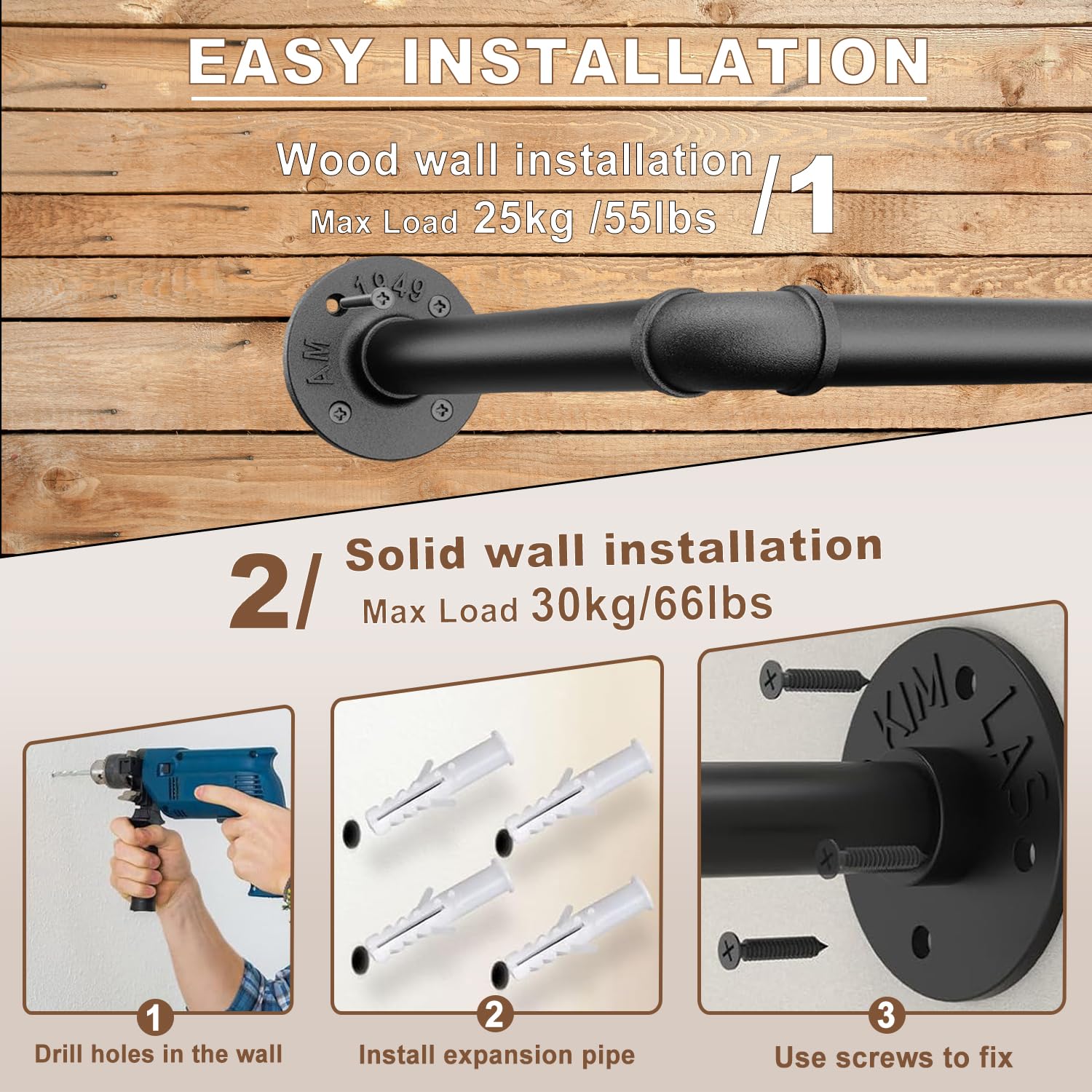 VOLISON Wall Mounted Clothes Rail, Industrial Pipe Clothes Rack, 47CM Detachable Metal Garment Clothing Rail