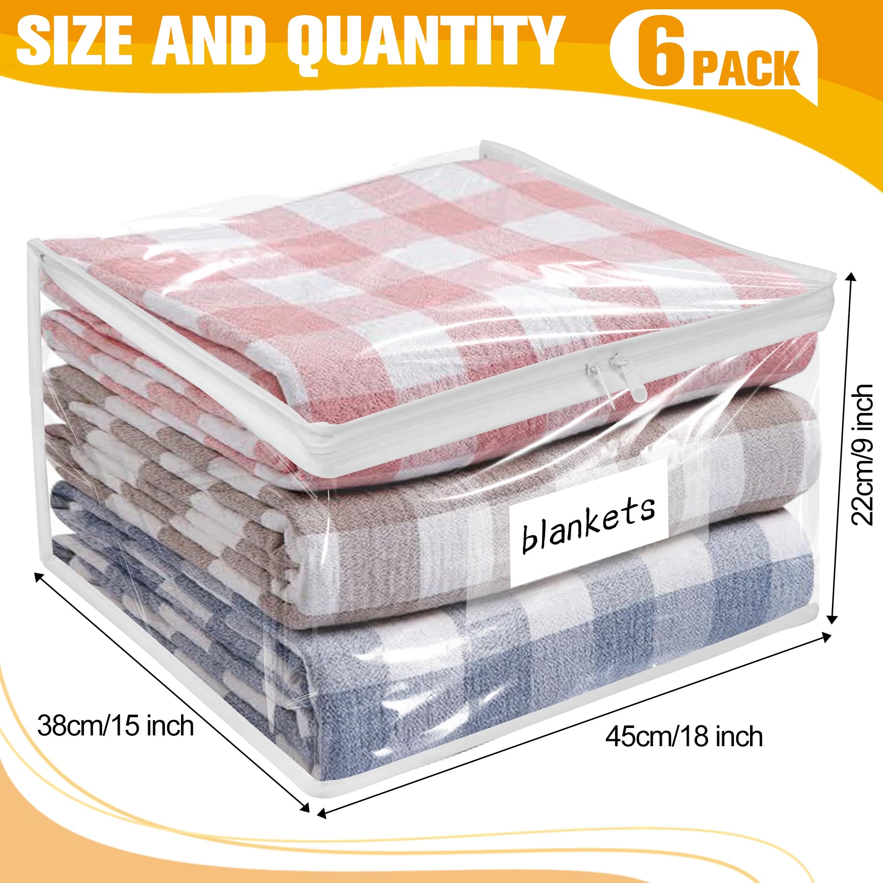 Kikerike Plastic Storage Bags with Easy-Glide Zipper, Pack of 6, Durable Clear Vinyl Zippered Storage Bags for Clothes Sweaters Comforters Blankets