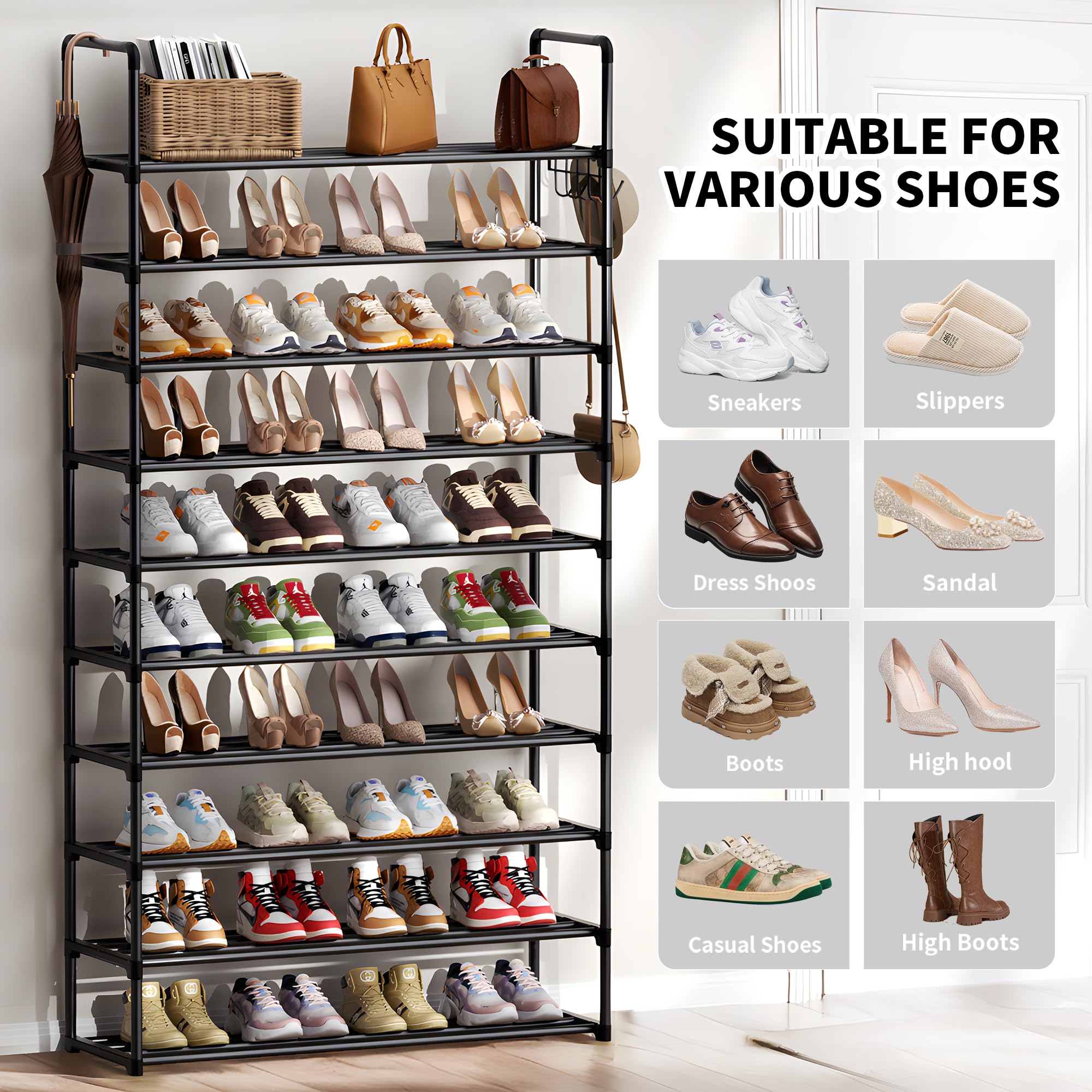 SPUSEN Metal Shoe Rack, 10 Tier Shoe Storage Organizer with Hooks,Fit 40-45Pairs Shoes,Metal Tall Shoe Shelf for