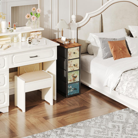 MUTUN Narrow 4 Drawers Chest Dresser, Bedroom Fabric Storage Drawer with Wood Top, Slim Cupboard Nightstand End Table Organizer Unit for Bathroom