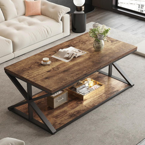 HSH Rustic Coffee Table, Farmhouse Coffee Tables for Living Room, Rectangle Wooden Center Tables with Storage