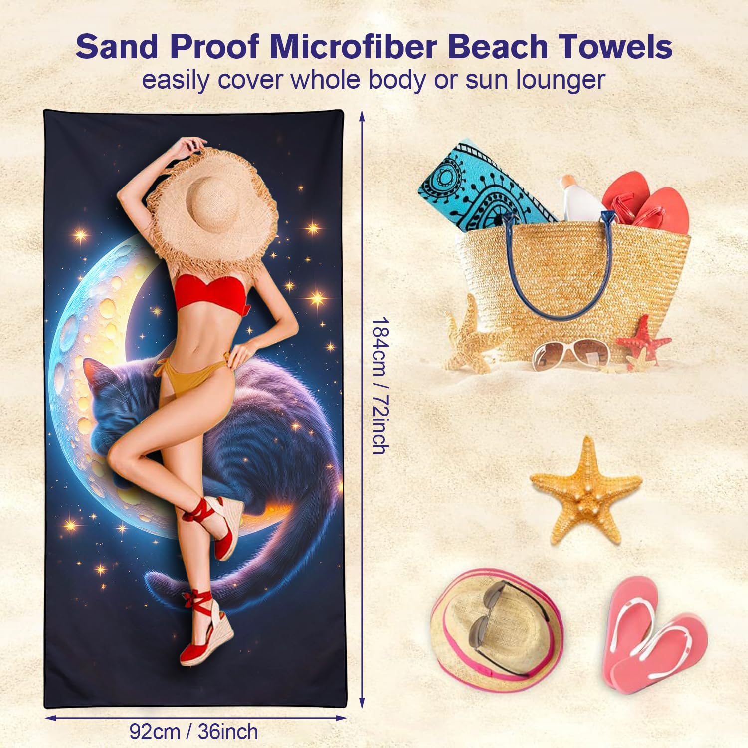 Violetpos Starry Moon Grey Cat Beach Towel for Kitty Lovers, Extra Large 180x90 cm 250GSM Microfibre, Sand Free Quick Dry