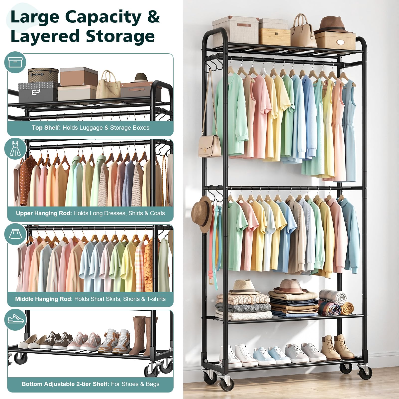 Luxspire Heavy Duty Clothes Rail, 135KG Clothing Rail with Lockable Wheels