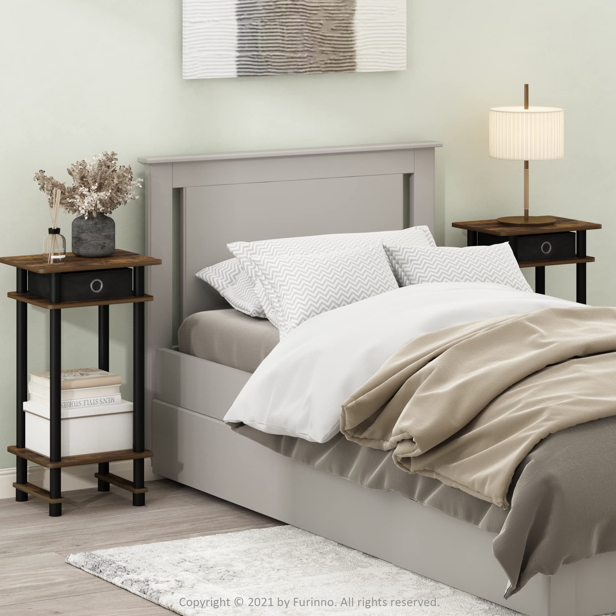 Furinno TURN-N-TUBE Side Table Set of 2, 3-Tier End Table with Storage Bin, Open Shelf Night Stand, Bedside Table, for Living Room, Bedroom