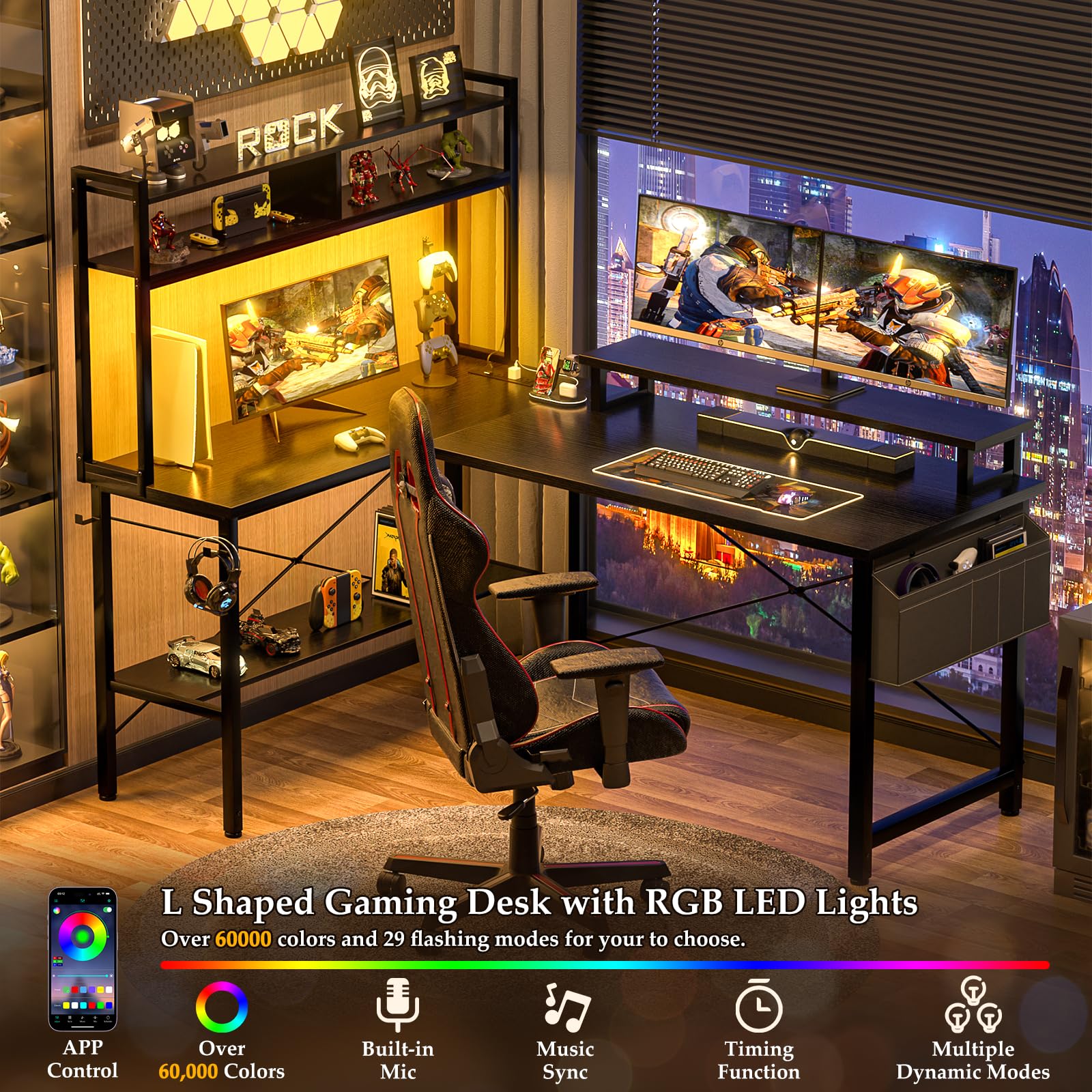 iSunirm L Shaped Gaming Desk with Power Outlets & LED Lights, Small L- Shaped Computer Corner Desk with Monitor Stand & Storage Shelf