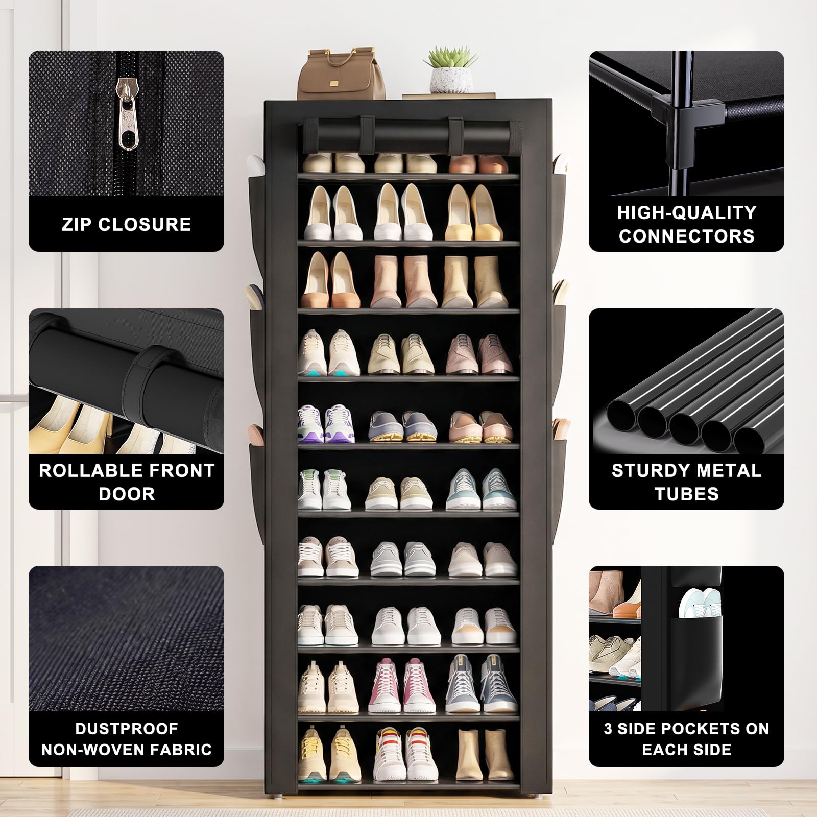 OYREL Shoe Rack with Cover, 10+1 Tier Tall 36-41 Pairs with 6 Side Pockets