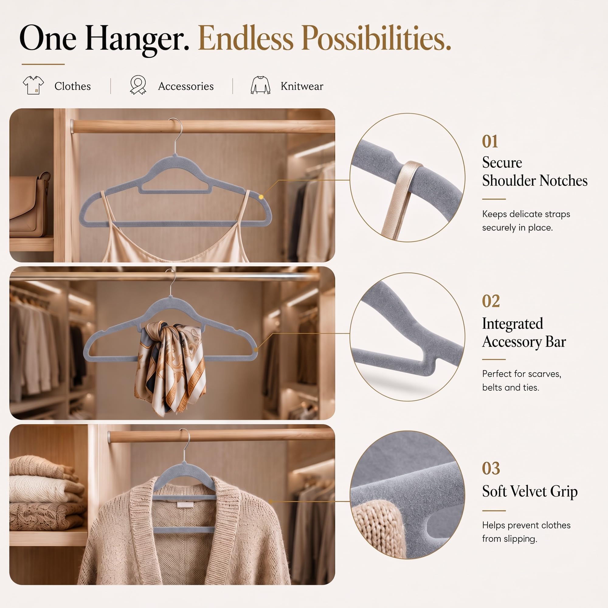 Housezy Coat Hangers, 20 Pack, Non-Slip Velvet Hangers for Clothes with Tie Bar & 360° Rotating Hook, Strong & Durable
